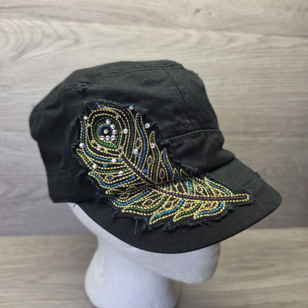 Y2K Black Cadet Cap Embroidered Peacock Feather Rhinestone Distressed Military